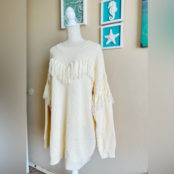 VICI Crewneck Fringe Trim Drop Shoulder Sweater Dress Cream X Large - Picture 4 of 10